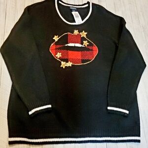 Torrid Crew Neck Long Sleeve Pullover Sweater Star Lips Black